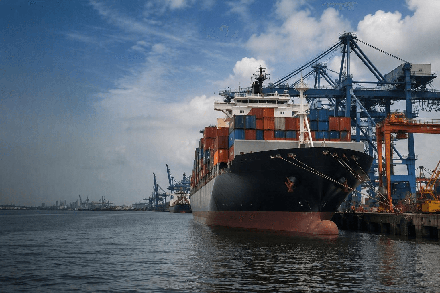 Container ship at an Indonesian port at sunset